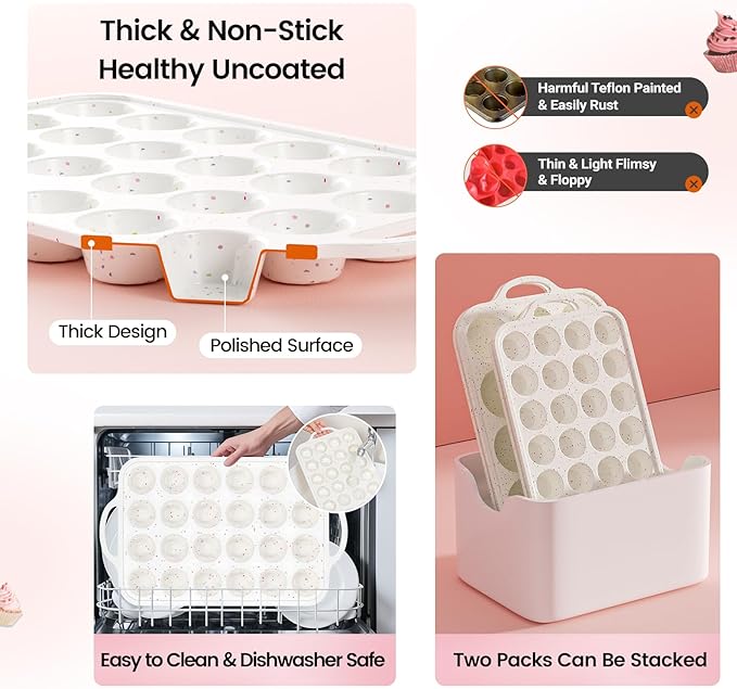 Silicone Muffin Pans With Metal Reinforced Frame - 24 Cups Durable Silicone Baking Pan for Muffins, Cupcakes, BPA Free and Dishwasher Safe - Beige with Rainbow Spots, Set of 2