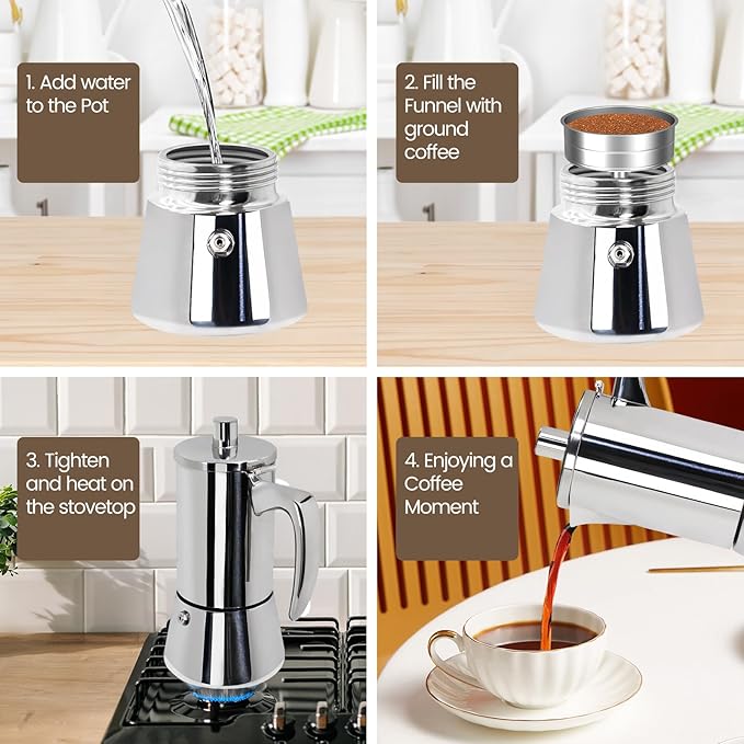 4 Cup Thickened Moka Pot 304 Stainless Steel 200ml Italian Espresso Coffee Maker Stovetop CoffeeMakers Mocha Pot Percolator for Induction Stove Classic Cafe Makers Portable for Easy Brewing