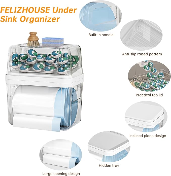 2-in-1 Trash Bag Holder Laundry & Dishwasher Pods Container,Garbage Bag Dispenser with Removable Lids,Kitchen Organizer and Under Sink Storage Box
