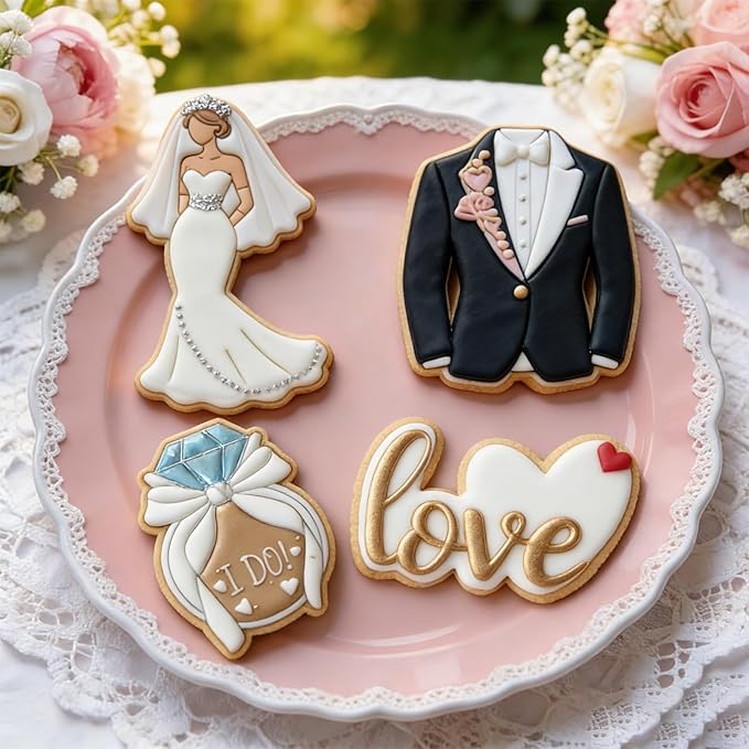 Love Cookie Cutters Set of 4 Wedding Cutter Molds 3.5" with Plunger Stamps Baking Dough Tools Cake Shapes PLA Accessories for Birdesmaid Decorative Party Kitchen Supplies