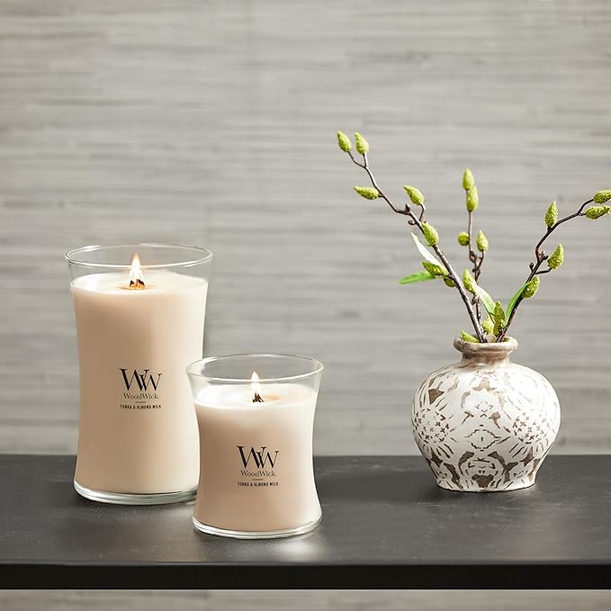 WoodWick Tonka & Almond Milk Gifts for Women and Men, 9.7 oz Medium Hourglass Candle with Crackling Wick