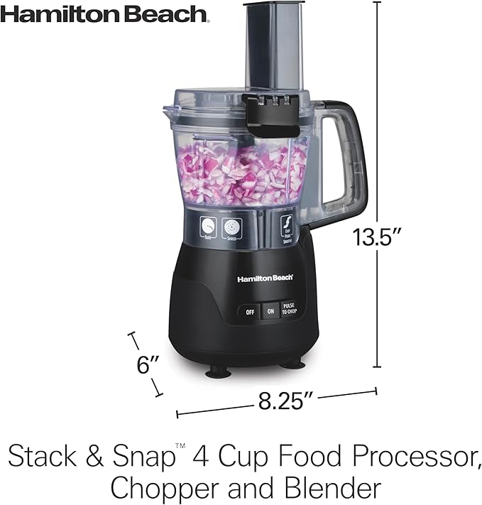 Hamilton Beach Stack & Snap 4-Cup Mini Food Processor & Vegetable Chopper, 250 Watts, for Slicing, Shredding, and Puree, Black (70510)