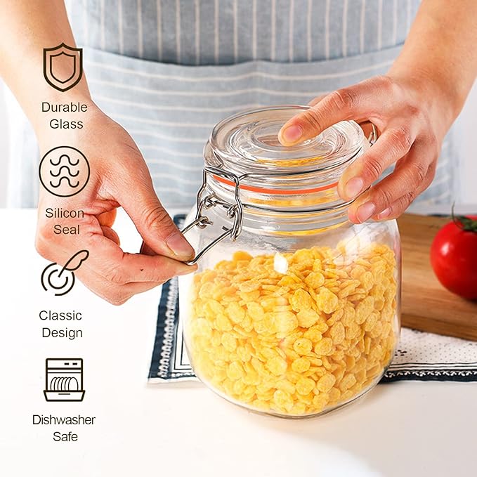 32 oz Glass Food Storage Jars with Airtight Lids,Clear Airtight Canister with Leak Proof Rubber Gasket,1000 ml Square Large Mason Jars with Clamp Lids for Canning,Cereal,Beans,6 Pack
