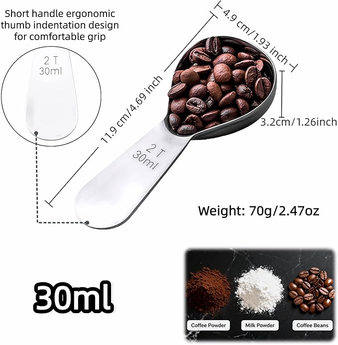 30ml Stainless Steel Coffee Scoop, 2 Tbsp Measuring Spoons for Protein Powder, Sugar, Flour & Tea - Short Handle, Laser Etched Markings, Dishwasher Safe, Heavy-Duty 304 Food-Grade Steel