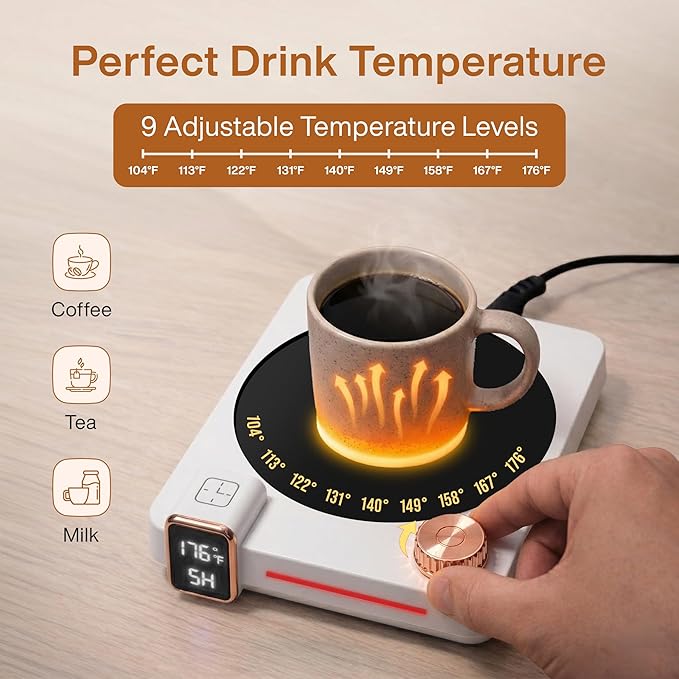 Coffee Mug Warmer for Desk, 40W Electric Cup Warmer with Digital Display, 9 Temp Settings, 1–12H Timer & Auto On/Off, LED Display Candle & Beverage Warmer Plate.