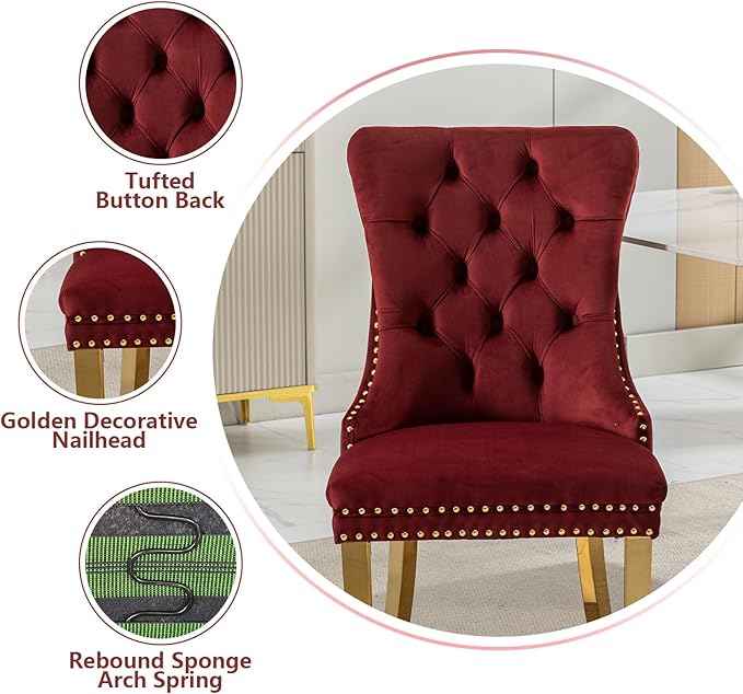 Velvet Dining Chairs Set of 2, Kitchen Chairs Set of 2, Tufted Upholstered Dining Room Chair, Back Ring Pull Trim, Golden Stainless Steel Legs, Wine Red