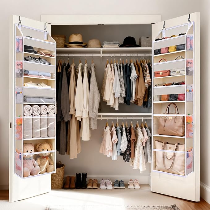 5 Tiers Over the Door Organizer with 10 Mesh Side Pockets, 44 lbs Weight Capacity Closet Hanging Storage Organizer with Large Clear Window Kids Toys, Shoes, Diapers, Beige