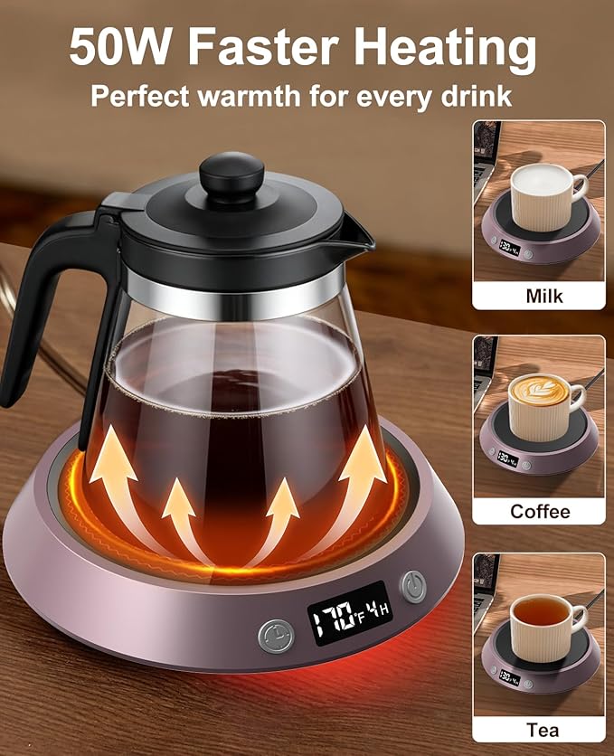 Kepwam Coffee Mug Warmer - 50W Electric Coffee Warmer for Desk 3 Temp Settings & 2-9 Timer Smart Cup Warmer for Desk Candle Warmer Plate with LED Lights Beverage Tea Milk Warmer for Home & Office
