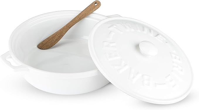 Twine Ceramic Brie Baker with Acacia Wood Spreader, Brie Baking Dish with Lid, Brie Cheese Baking Dish, Ceramic Bakeware, White, Set of 1