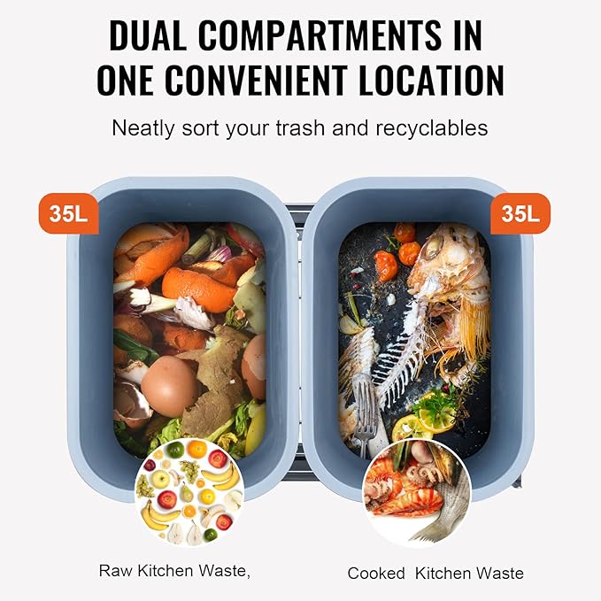 VEVOR Pull-Out Trash Can, 35L Double Bins, Under Mount Kitchen Waste Container with Soft-Close Slide and Door Mounting Kit, 110 lbs Load Capacity Heavy Duty Garbage Recycling Bin for Kitchen Cabinet