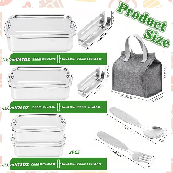 304 Stainless Steel Bento Box 4 Pack,1400/850/550ml Stainless Steel Lunch Box with Spoon, Fork, Lunch Bag, Leak Proof Stackable Food Containers with Lids for Adults Office Camping Picnic Travel