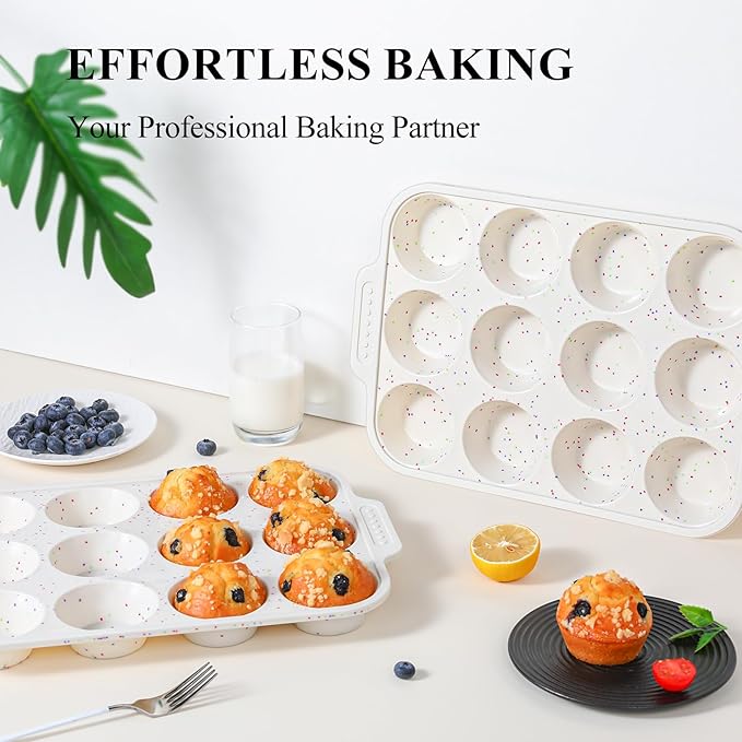 Vinino 2-Pack Silicone Muffin Pan for Baking with Metal Reinforced Frame, 12 Cups Regular Size Silicone Cupcake Pan with Non-Slip Handle, Nonstick Muffin Tray for Oven, BPA Free, Dishwasher Safe