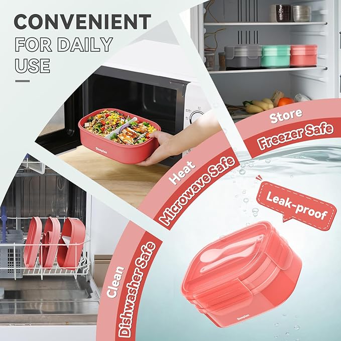 2 Layers Bento Box, All-in-One Stackable Lunch Container with Compartments, 64oz Leakproof Microwave Safe Dishwasher Safe Bento Box with Lunch Bag and Utensil Set for Kids and Adults