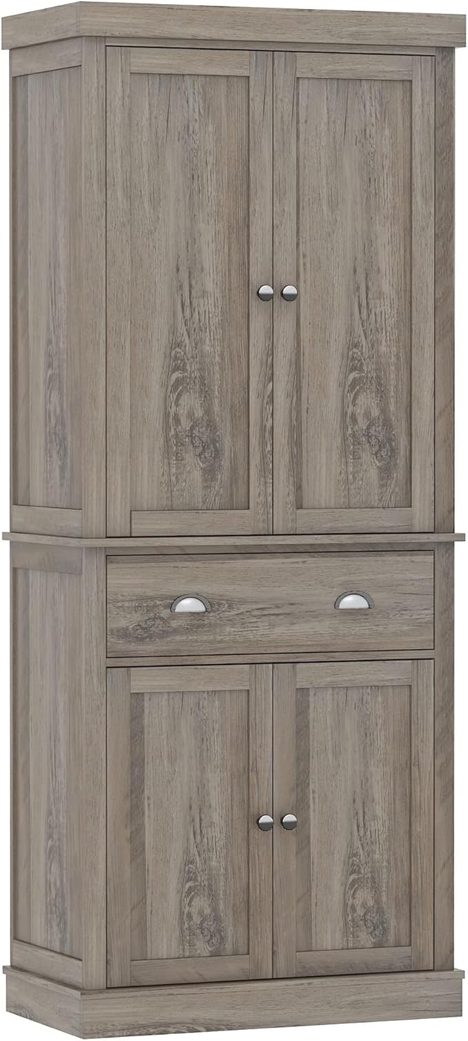 FOTOSOK 72" Kitchen Pantry Storage Cabinets with Drawer, Freestanding Cupboard with 4 Doors, Drawer, 4 Shelves, Utility Pantry Cabinet for Kitchen, Dining Room, Living Room, Ash Grey