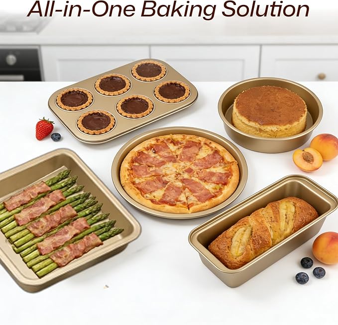 5-Piece Gold Nonstick Baking Pans Set, Carbon Steel Bakeware Includes Round Cake Pan, 6-Cup Muffin Pan, Square Pan, Pizza Pan, Loaf Pan, Complete Baking Tools for Home Baking & Gift