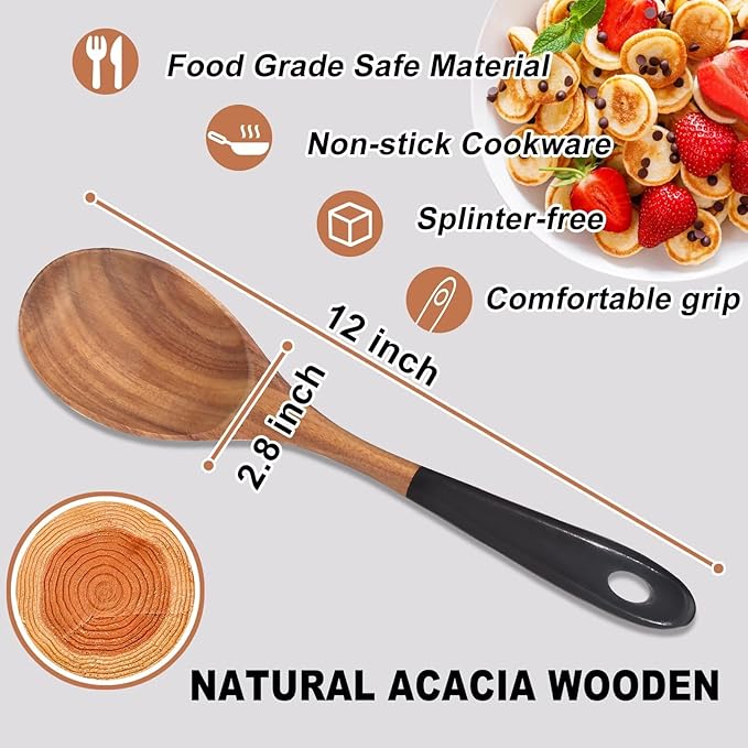 2 Pcs Large Wooden Spoons for Cooking Serving Utensils 12" Big Mixing Non Toxic Spoon for Baking Cooking Spatula Set Unique Acacia Wood Teak Long Stirring Spoons Ladle Kitchen Tools Gift