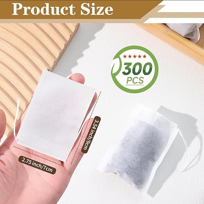 300Pcs Tea Filter Bags, Disposable Tea Filter Bags for Loose Leaf Tea from Safe Natural Materials, Empty Tea Bags Suitable for Loose-Leaf Tea, Spices, Herbs, Bring Tea Spoon (3.54 x 2.75 inch)
