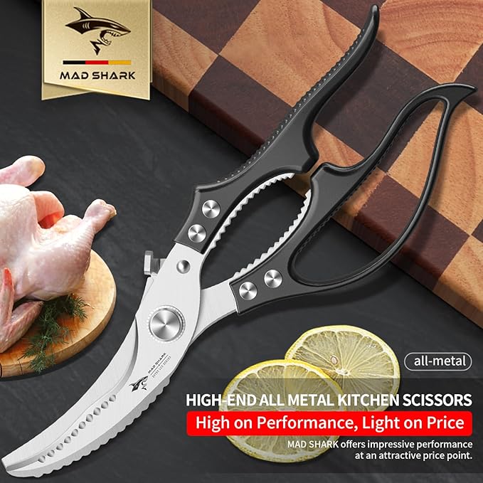 MAD SHARK Professional Heavy Duty Poultry Shears - Kitchen Shears for Spatchcocking Chicken and Meat Cutting, Multi-Purpose Kitchen Scissors for Food, Spring-loaded (Black)
