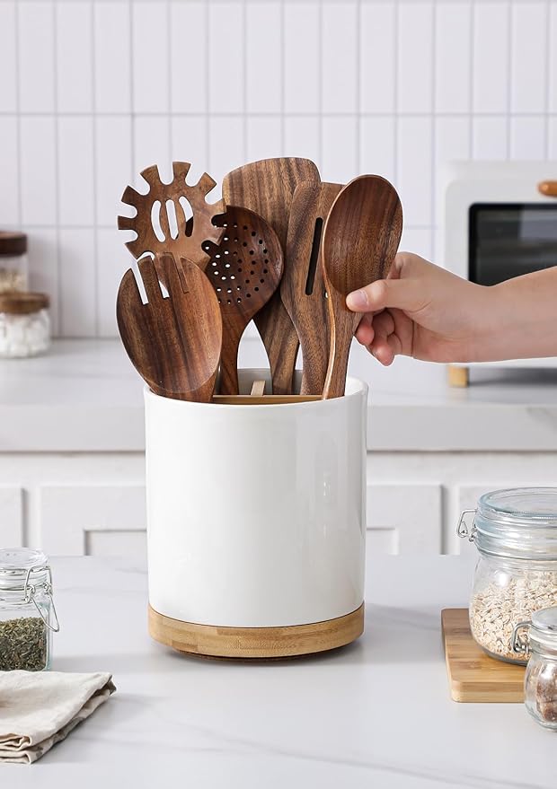 LoeJan 3 Compartment Utensil Holder, Extra Large Utensil Crock, Stable Ceramic Utensil Organizer, Cooking Tool Organizer Set for Kitchen Counter Farmhouse Decor (C-White(Grossy))