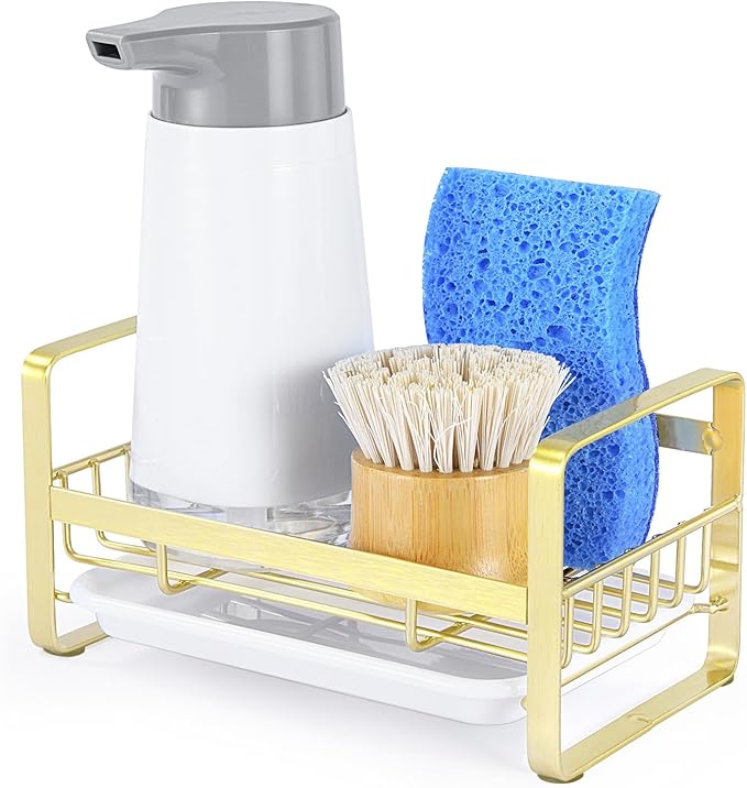 HULISEN Kitchen Sink Sponge Holder, 304 Stainless Steel Kitchen Soap Dispenser Organizer, Countertop Drainer with Removable Tray, not Including Dispenser and Brush, Gold