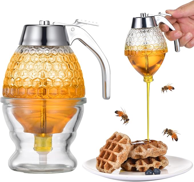 Glass Honey Dispenser 8 Ounces - Drip-Free Honey Jar With Glass Stand, Kitchen Leak-Proof Syrup Dispenser, Elegant Honeycomb Design For Storing Honey, Maple Syrup And Coffee Syrup