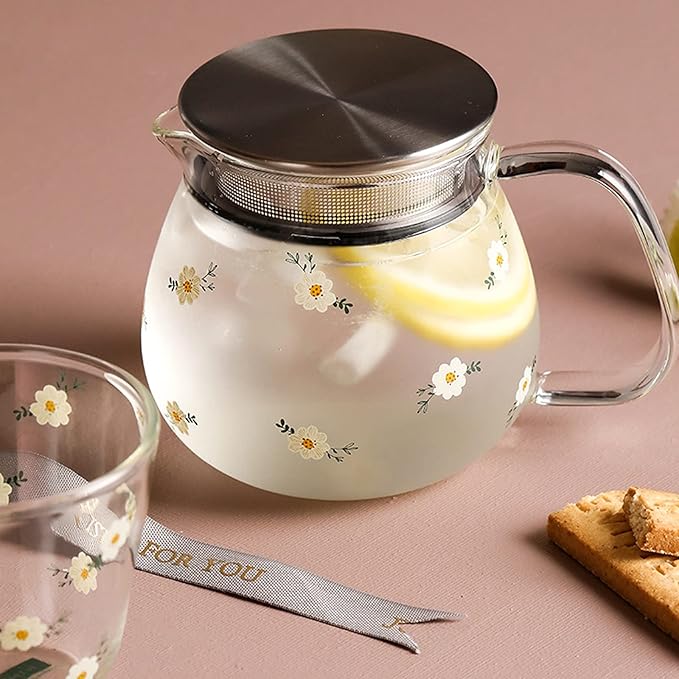 Iced Tea Pitchers High Borosilicate Glass Pitcher with Filter Cover Cute Cold Water Jug Small Teapot for Juice, Milk, Hot and Cold Drinks (B)