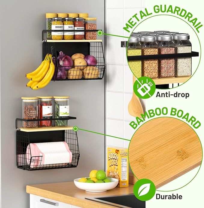 Ofiray-home Magnetic Shelf for Fridge with Wood Lid, Fruit Potato and Onion Storage Bins, Pantry Organizers & Storage, Large Container Magnetic Spice Rack for Refrigerator, Kitchen Counter (Black, 1)