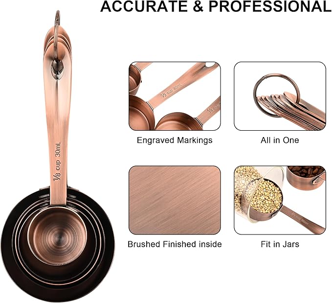 Copper Measuring Cups and Spoons Set 16, Dry&Liquid Stainless Steel Measuring Cups and Spoons, 7 Metric&US Measing Cups & 6 Measuring Spoons & Measure Equivalents for Kitchen&Baking