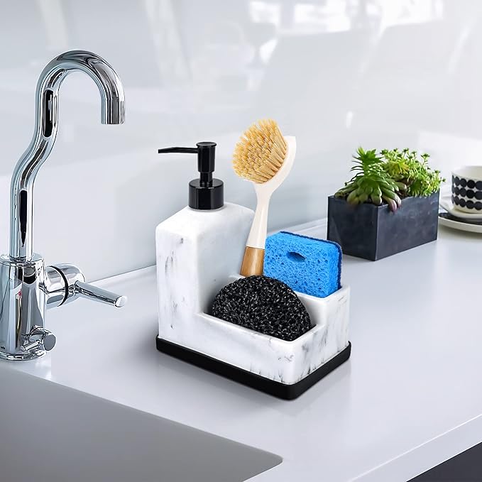 Dish Soap Dispenser with Sponge Holder,White Marble Look Liquid Hand and Dish Soap Dispenser and Spong Caddy with Brush Holder 3 in 1 Countertop Organizer for Kitchen Sink and Bathroom,White