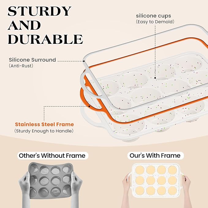 Regular 12 Cup and Mini 24 Cup Nonstick Cupcake Pan Set Silicone Muffin Pan for Baking Silicone Cupcake Mold with Metal Reinforced Frame BPA Free (2 Pcs, Cream)