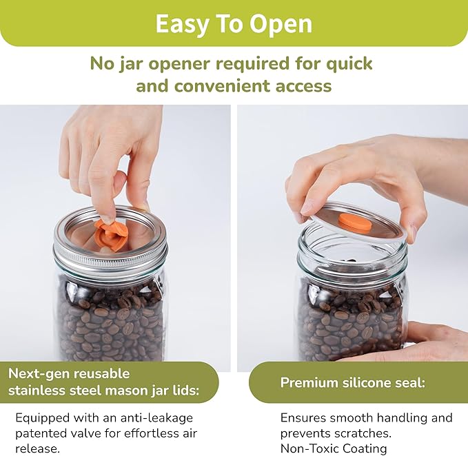 Mason Jar Vacuum Sealer Kit – Auto-Stop Electric Vacuum Sealer with Reusable Stainless Steel Lids, Compatible with Ball & Kerr Canning Jars.(Orange Valve)