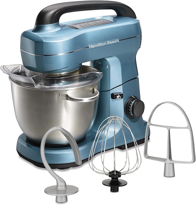 Hamilton Beach Electric Stand Mixer, 4 Quarts, Dough Hook, Flat Beater Attachments, Blue & Stack & Snap Food Processor and Vegetable Chopper, 2-Speed 450 Watt Motor, Black