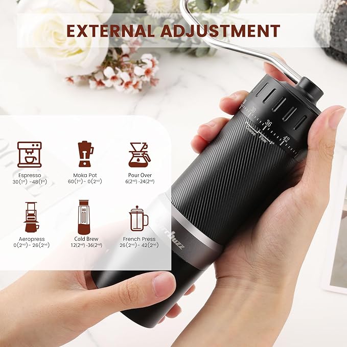 MB2 Manual Coffee Grinder, External Adjustment, 35g Large Capacity Burr Grinder, Magnetic Catch Cup Less Mess, Stainless Steel Burr Espresso Grinder Great Flavor in Pour Over, French Press