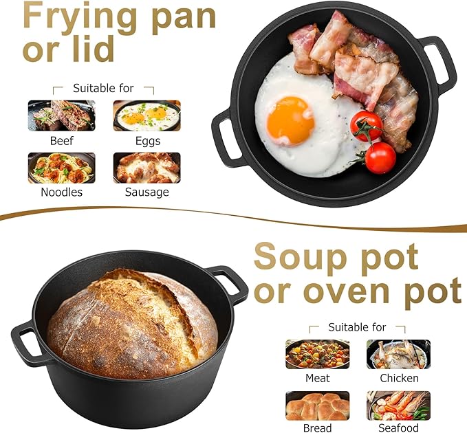 TeamFar Pre-season Cast Iron Dutch Oven with Skillet Lid, 2-in-1 Cast Iron Bread Pan Skillet Cookware with Dual Handles for Bread Baking, Frying, Camping, 5QT