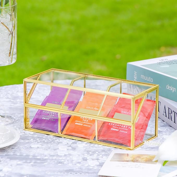 NCYP Glass Tea Bags Organizer with Lid, Small 3 Slots Teabag Storage Box, Indoor Counter Teabag Display Case, Kitchen Cabinet Gold Decor, 8.7 x 3.6 x 3.66 Inches (Glass Box Only)