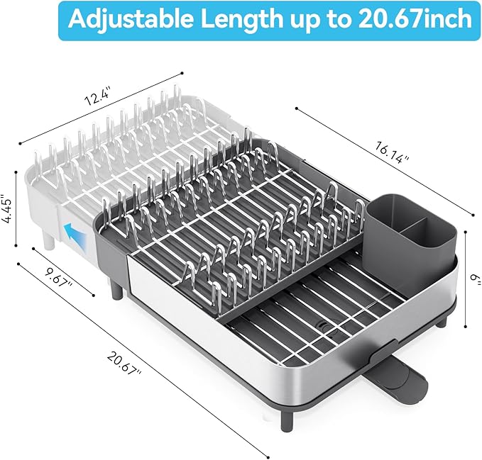 Urackify Dish Drying Rack, 304 Stainless Steel Dish Drainer with Removable Utensil Holder & Drain Board, Rustproof Space-Saving Dish Rack for Kitchen Countertop, Grey