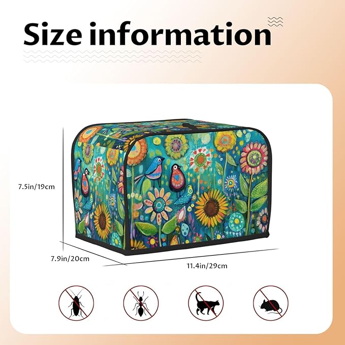 Folk Art Birds Flower Toaster Cover 2 Slice, Cute Country Bread Machine Cover, Washable Toaster Kitchen Small Appliance Cover Stain Resistant,with Top Handle