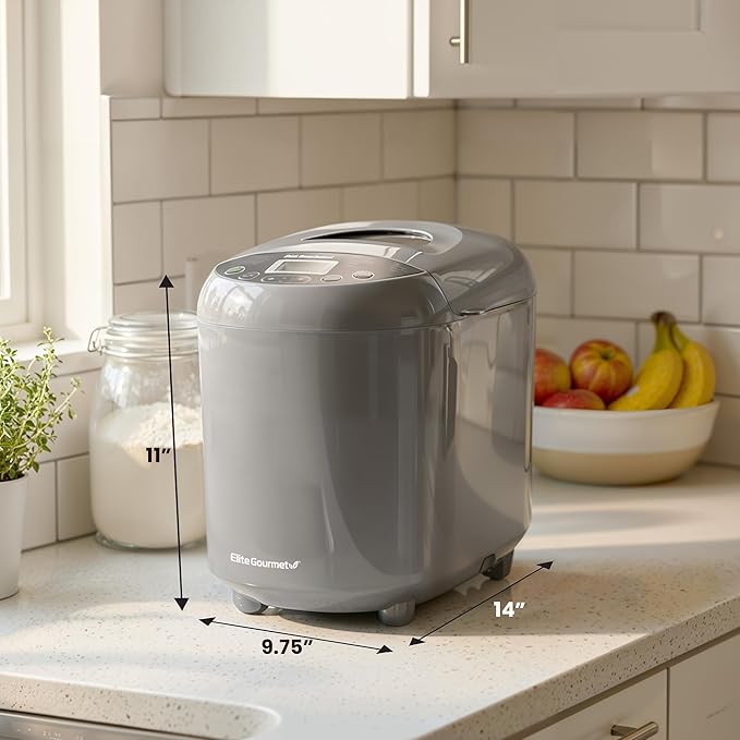 Elite Gourmet Programmable Bread Maker with PFAS-Free CERALAST™ Ceramic Pan, 2 lb Loaf, 19 Presets incl. Gluten-Free, 3 Sizes, Delay Timer, Gray