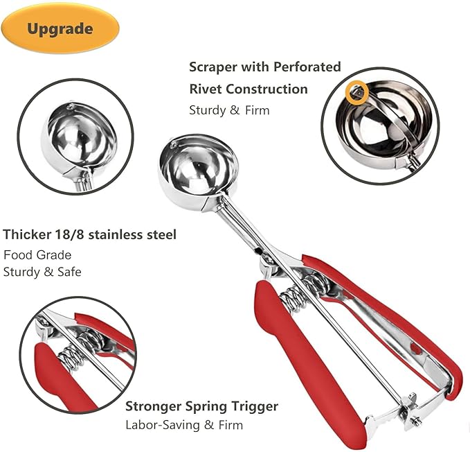 Cookie Scoop for Baking, Ice Cream Scoop, 2Tsp/10ml/0.34oz, 18/8 Stainless Steel, Mini Cookie Dough Scoop with Non-slip Grip (Red)