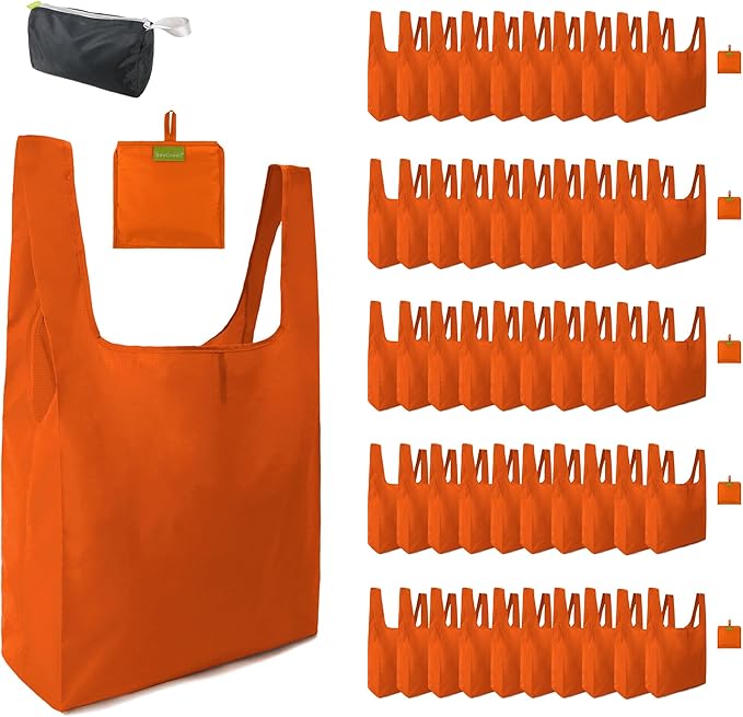 BeeGreen Orange Reusable Grocery Bags Wholesale Pumpkin Reusable Kitchen Bags Bulk Foldable-Machine Washable with Zipper Storage Pouch 50 Packs