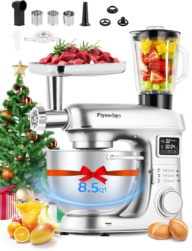 Stand Mixer 8-IN-1 8.5 Qt 2000W Multifunctional Fermentation Electric Kitchen Mixer 6 Speed Tilt-Head with Stainless Steel Bowl, 1.5L Glass Jar Meat Grinder Dough Hook Whisk Pasta Attachment