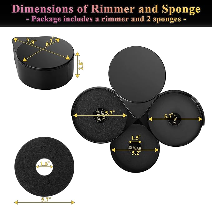 Margarita Salt Rimmer Set, 3-Tier Bar Glass Rimmer with 2 Sponges, Bartender Tool Rimmer Dish with Separate Tier for Lime Juice, Salt and Sugar, Bar Accessories for Cocktails and Bloody Mary