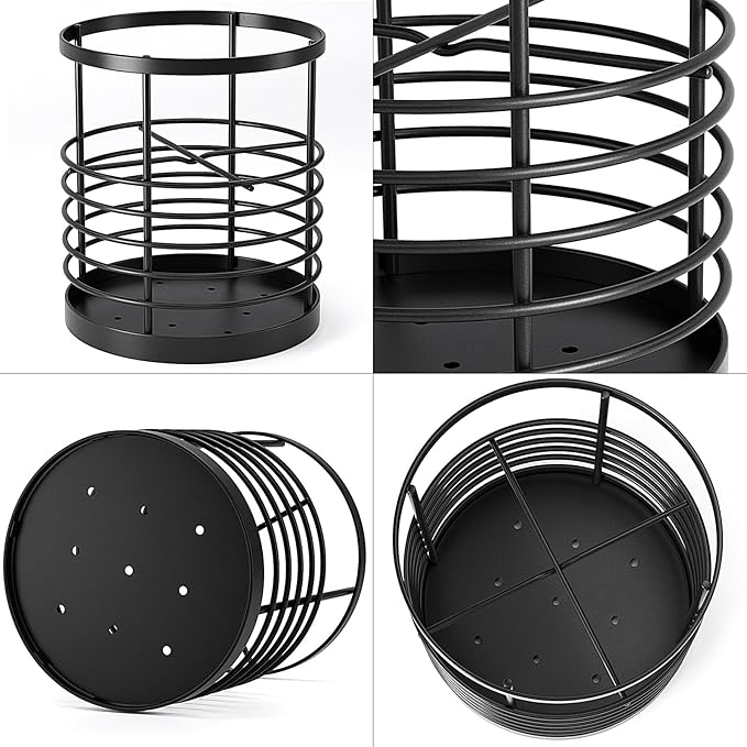 Utensil holder for Kitchen Counter - 5.2" x 5.2" x 6" Large Round Utensils Holder with Wooden Base Matte Black Cooking Utensil Holder，Kitchen countertop Utensil Organizer (Metal-1)