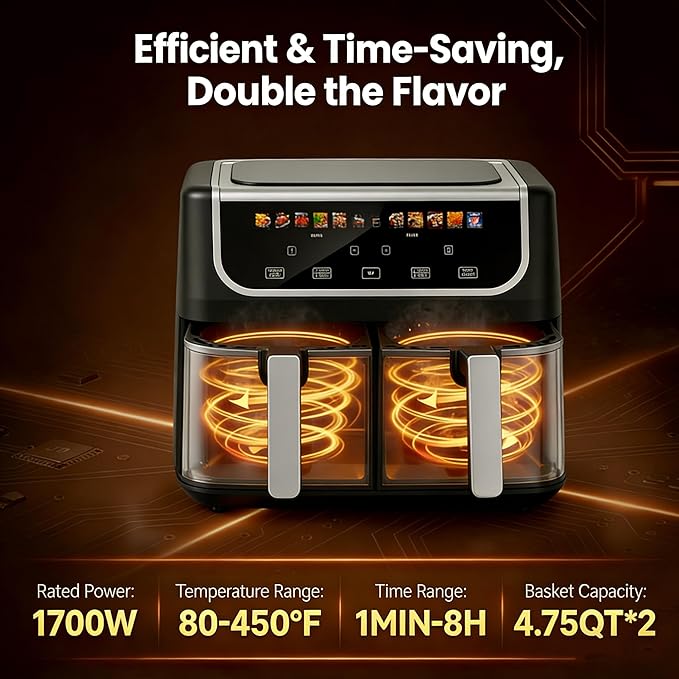 HealSmart 9.5Qt Dual Basket Air Fryer, 10-in-1 Smart Air Fryer with 1700W, Independent Temperature Control, Sync Cook & Shake Reminder, Nonstick Air Fryer Oven for Family Meals, Black