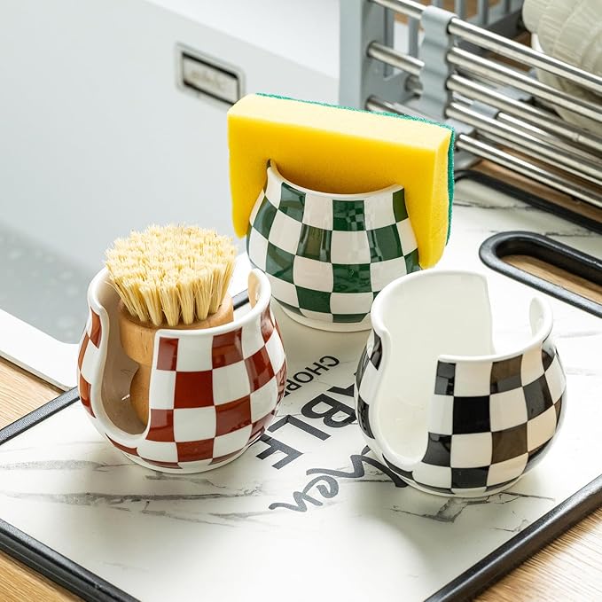 Checkered Sponge Holder for Kitchen Sink Counter, Ceramic Dish Sponge Caddy White Sink Organizer Dish Rack Farmhouse Brush Holder for Bathroom, Brown and White