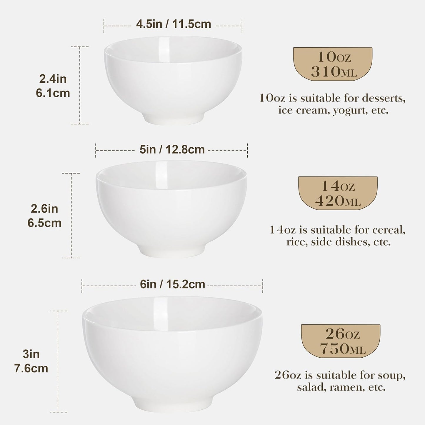 MALACASA Small White Ceramic Bowls Set of 8, 14 OZ Compact Dessert Bowls Rice Bowls Set, Ceramic Bowl for Ice Cream, Soup, Cereal, Side Dishes, Dishwasher & Microwave Safe