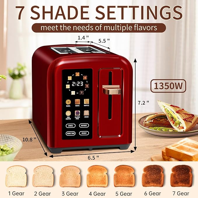 SEEDEEM Toaster 2 Slice, Touch Control Stainless Toaster LCD Display, 50% Faster Heating Speed, 1.4'' Wide Slots, More Timer Functions, Removable Crumb Tray, 1350W, Dark Cherry