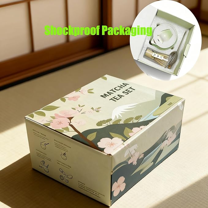 Matcha Whisk Set - Traditional Bamboo Chasen and Pale Green Ceramic Matcha Bowl with Spout, 6Pcs Complete Matcha Making Kit