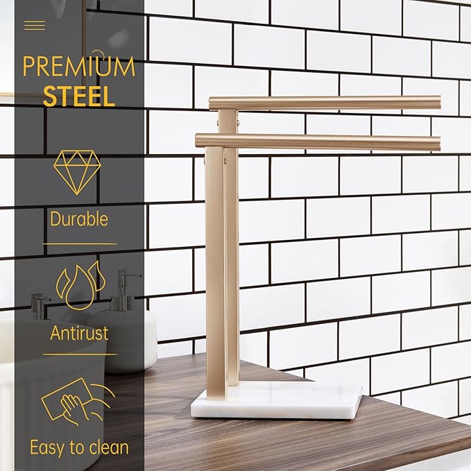 KOKOSIRI Hand Towel Racks Stand Towel Holder 2-Tier with Marble Base for Bathroom Vanity Countertop, Champagne Bronze Stainless Steel 15.7'' Height THS0007-CPG