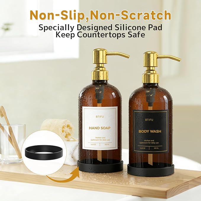 Kitchen Soap Dispenser Set – 16.8oz/500ml Glass Hand and Dish Soap Dispenser with Stainless Steel Pumps & Non-Slip Silicone Base, Luxury Countertop Decor for Home, Airbnb, Office (Amber & Gold)